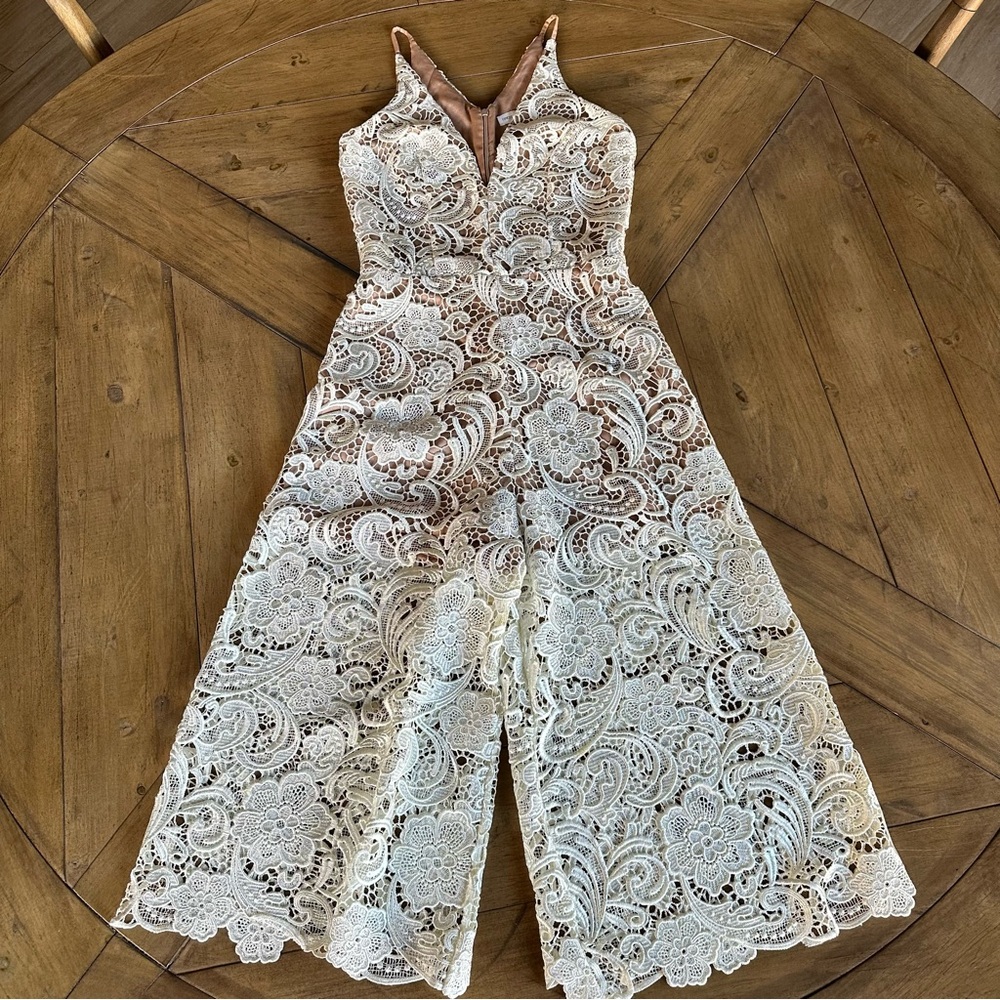 Dress the Population Lace Jumpsuit in Cream and Tan
